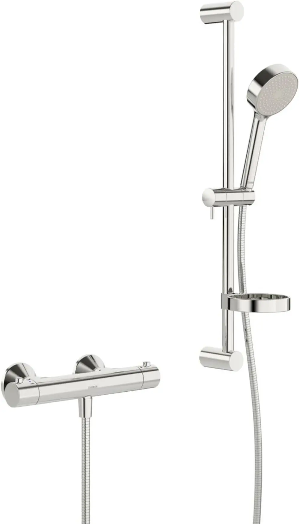 Brausebatterie mit Brausegarnitur in Chrom. Die Handbrause ist an einem verstellbaren Halter montiert. Hergestellt von HANSA, geeignet für Wandmontage.